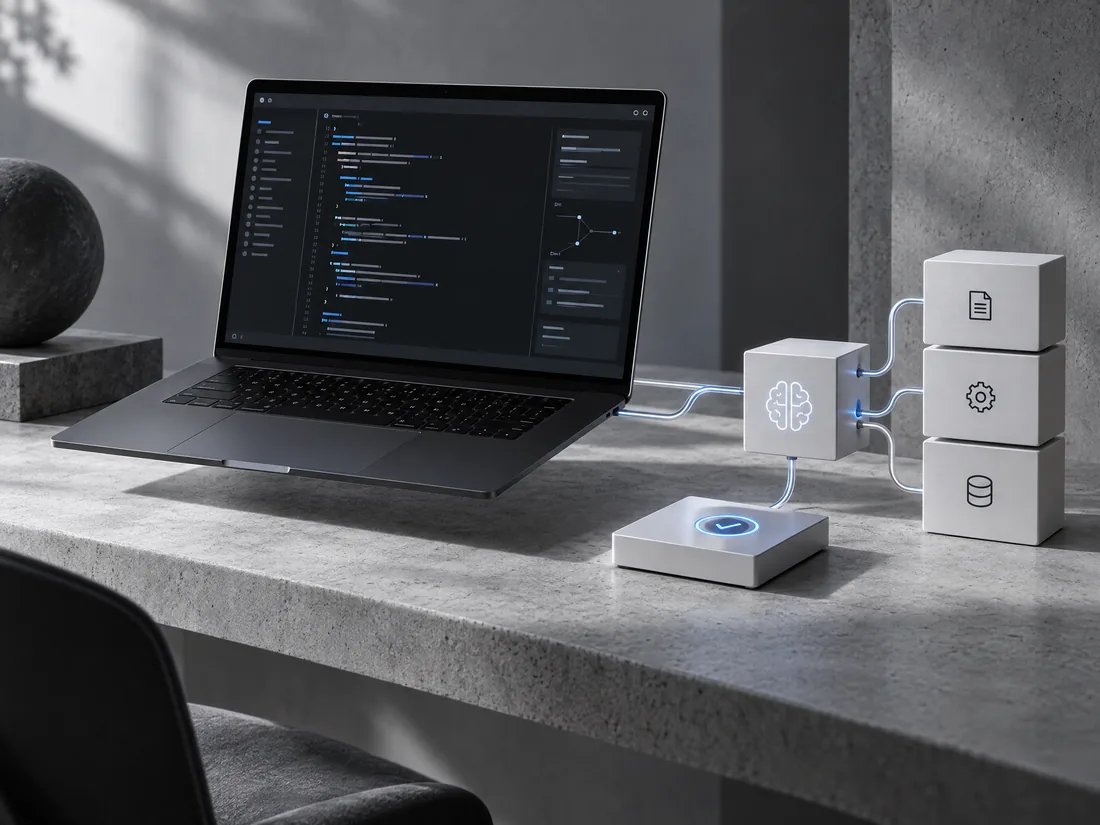 An AI coding workspace connecting abstract code with modular software blocks
