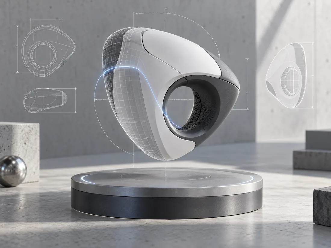 A precise 3D object with wireframe projection on a turntable