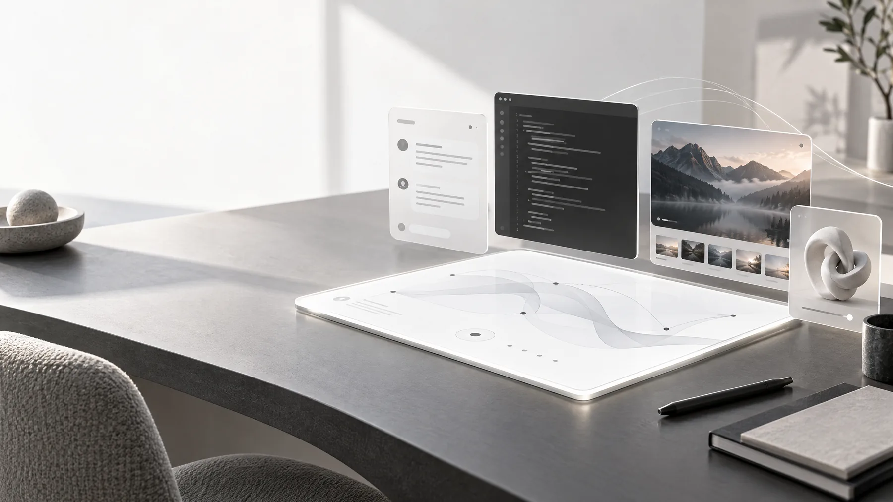 A curated creative workspace with conversation, code, imagery, and a 3D object